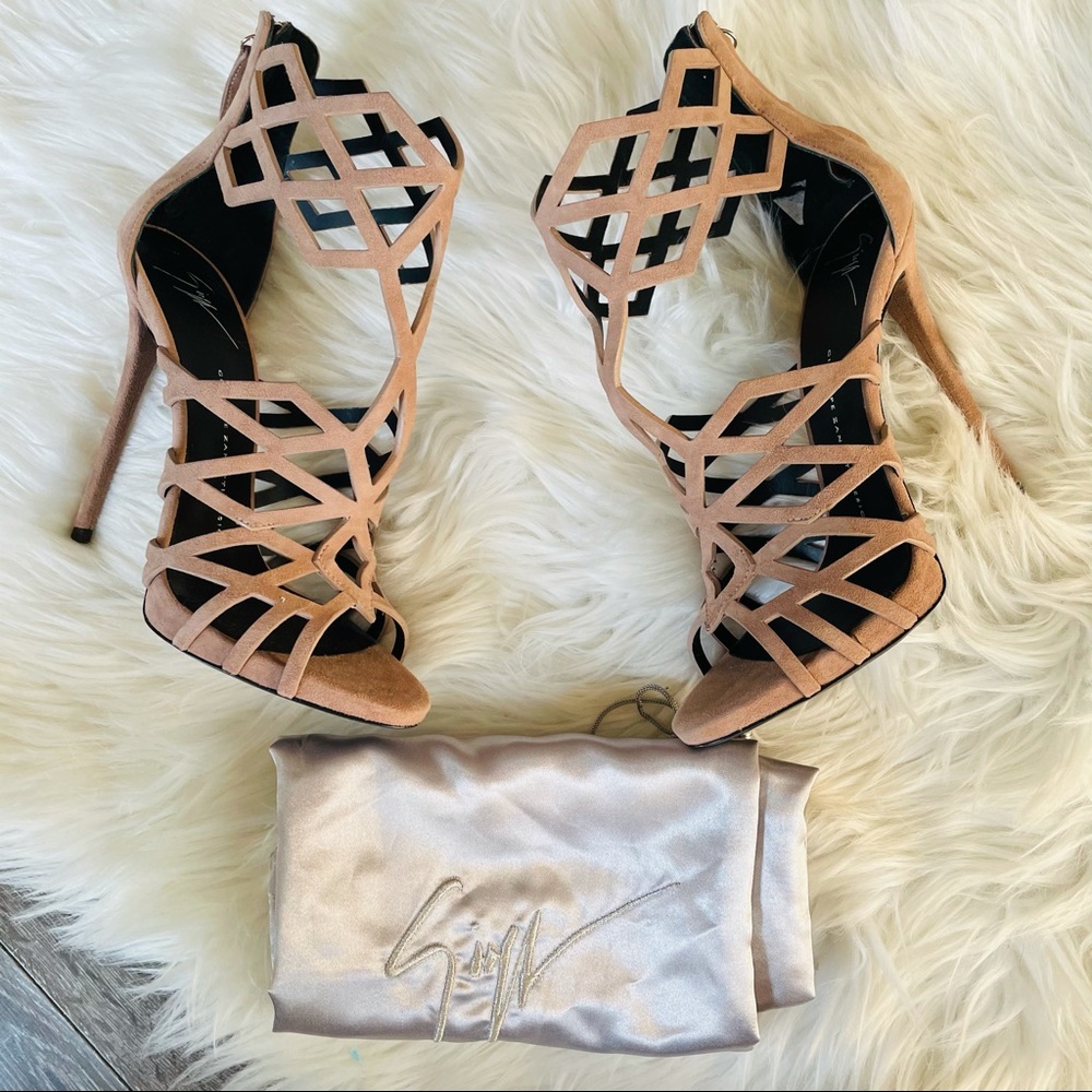 Giueppe zanotti caged heels peep toe suede zipper